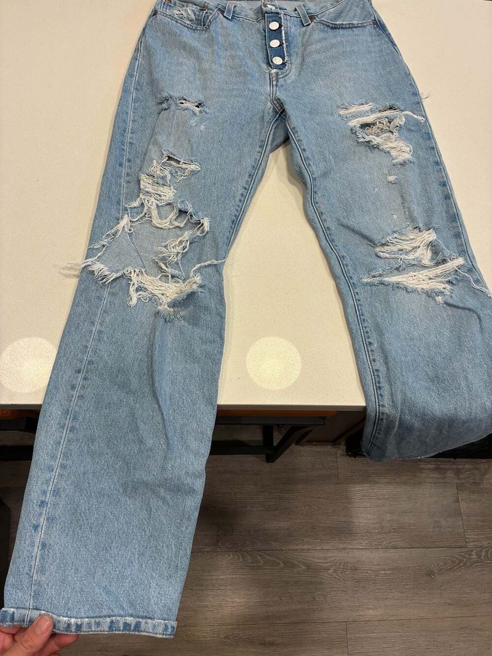 Rare Double Patch Levi's With Capital E, 501 Premium Distressed Jeans Light Wash